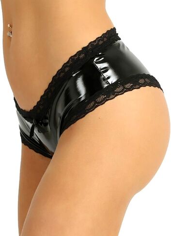 ACSUSS Women's Wet Look Patent Leather Crotchless Panties Booty Shorts Underwear in Saudi Arabia