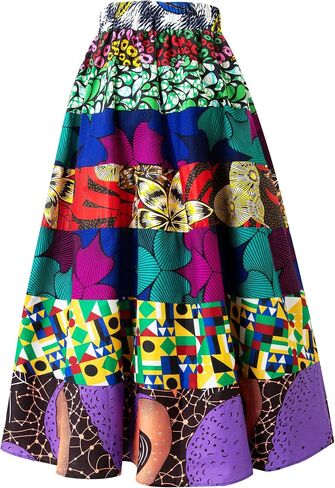 Women's African Print High Waist Pleated A Line Long Maxi Skirts with Pockets in Saudi Arabia
