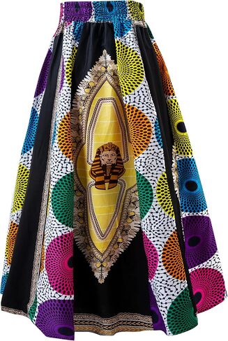 Women's African Print High Waist Pleated A Line Long Maxi Skirts with Pockets in Saudi Arabia