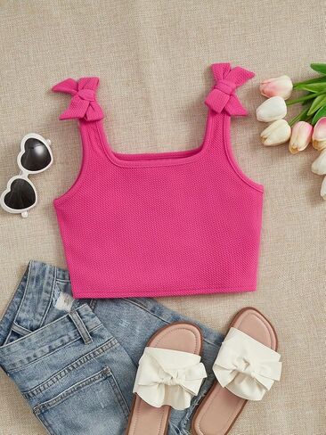 OYOANGLE Girl's Tie Shoulder Sleeveless Square Neck Tank Top Casual Solid Plain Slim Fit Crop Cami Tops in Saudi Arabia