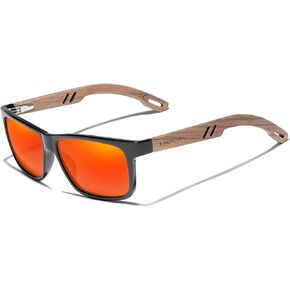 KINGSEVEN Design Wood Polarized Rectangular Sunglasses for Men, Walnut Wooden Frame Mirrored Glasses for Driving W5508