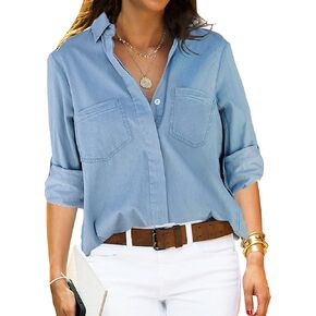 قميص نسائي من Vetinee برقبة على شكل حرف V وجيوب وأزرار سفلية من قماش الدنيم كاجوال بأكمام طويلة in Kuwait