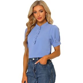 Allegra K Women's 2024 Work Office Top Puff Sleeve Half Placket Ruffled Shirt Blouses