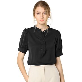 Allegra K Women's 2024 Work Office Top Puff Sleeve Half Placket Ruffled Shirt Blouses