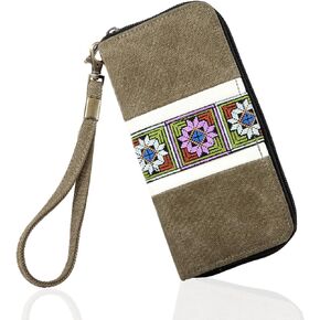 Women's Wallet Canvas Wristlets Bag Zip Around Clutch Holder Clutch with Removable Strap Featured Embroidered Multi-card Slot Wallet(ArmyGreen)