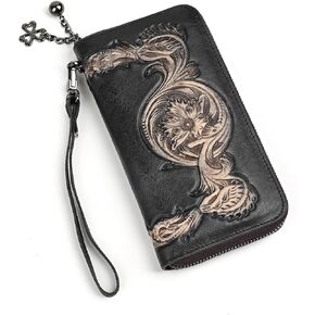 AEGGEAI Genuine Leather Women's Wallet Flower Pattern Wristlet Long Wallet Card Holder (Black)
