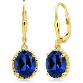 Gem Stone King 18K Yellow Gold Plated Silver Blue Created Sapphire Leverback Dangle Earrings For Women (4.60 Cttw, Gemstone September Birthstone, Oval 9X7MM)