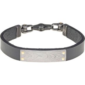 Metro Jewelry Genuine Leather Bracelet for Men with Black Damascus Steel Plating - 8.5 Inches Long 12 MM Wide
