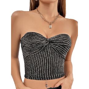 LYANER Women's Glitter Twist Knot Rib Knit Strapless Crop Tank Tube Club Top