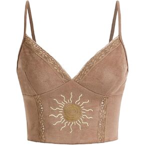 SOLY HUX Women's Contrast Lace Sun Embroidery Cami Crop Top Slim Fit Tops