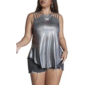 Floerns Women's Plus Size Holographic Cut Out Metallic Clubwear Tank Top