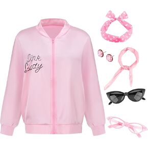 Colorful House 50s Costume Grease Accessories Set Satin Pink Ladies Jacket Scarf Headband Cateye Glasses Earring