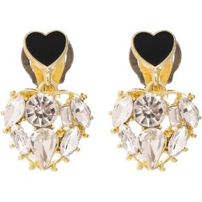 Black Golden Heart Shape Non Pierced Ear Clips Clip On Earrings for Girls Women Cubic Zirconia Crystal