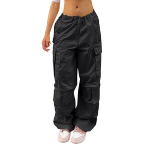 ABOCIW Parachute Pants for Women Drawstring Wide Leg Low Waist Baggy Cargo Pants with Pockets Joggers Sweatpants