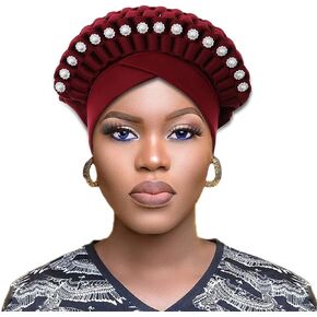 Braid African Turban Wine Red Pearl Headwrap Flower Head Cover Wrap Headwear for Women in Kuwait