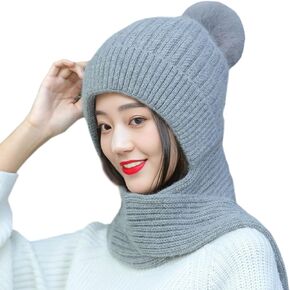 Womens Beanie Winter Hat Scarf All in One Beanie Hats with Pompom,Ear Protection Windproof Cap Scarf