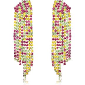 Purple Green Yellow Rhinestone Earrings Gorgeous Crystal Chandelier Earrings for Women Long Mardi Gras Drop Dangling Earrings for Carnival Costume Jewelry