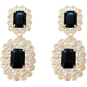 Vintage Geometric Rhinestone Drop Dangle Earrings Black Gemstone Earrings Elegant Long Statement Earrings for Women Wedding Prom Ball Jewelry