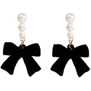 Red Black Velvet Earring Dainty Bowknot Bow Earrings with Pearls Wedding Earrings for Brides Birthday Christmas Gifts for Her