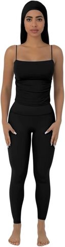 مجموعة ملابس رياضية سوداء مكونة من 3 قطع من AP WARDROBE - سروال ضيق أسود، حمالة صدر رياضية بدون أكمام مع بطانة قابلة للإزالة وعصابة رأس in Kuwait