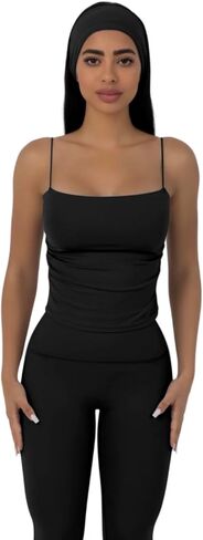 مجموعة ملابس رياضية سوداء مكونة من 3 قطع من AP WARDROBE - سروال ضيق أسود، حمالة صدر رياضية بدون أكمام مع بطانة قابلة للإزالة وعصابة رأس in Kuwait