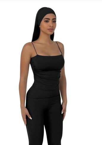 مجموعة ملابس رياضية سوداء مكونة من 3 قطع من AP WARDROBE - سروال ضيق أسود، حمالة صدر رياضية بدون أكمام مع بطانة قابلة للإزالة وعصابة رأس in Kuwait