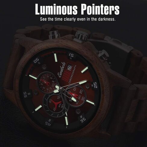 ساعة خشبية للرجال، ساعة يد أنيقة لعرض التاريخ كرونوغراف كوارتز عسكرية، 3 أقراص فرعية مصنوعة يدوياً كاجوال خفيفة ومضيئة in Kuwait
