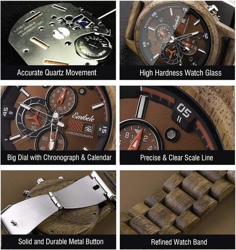 ساعة خشبية للرجال، ساعة يد أنيقة لعرض التاريخ كرونوغراف كوارتز عسكرية، 3 أقراص فرعية مصنوعة يدوياً كاجوال خفيفة ومضيئة in Kuwait