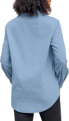 قميص نسائي من Vetinee برقبة على شكل حرف V وجيوب وأزرار سفلية من قماش الدنيم كاجوال بأكمام طويلة in Kuwait