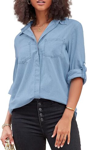 قميص نسائي من Vetinee برقبة على شكل حرف V وجيوب وأزرار سفلية من قماش الدنيم كاجوال بأكمام طويلة in Kuwait