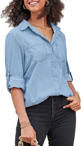 قميص نسائي من Vetinee برقبة على شكل حرف V وجيوب وأزرار سفلية من قماش الدنيم كاجوال بأكمام طويلة in Kuwait