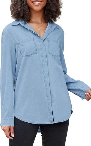 قميص نسائي من Vetinee برقبة على شكل حرف V وجيوب وأزرار سفلية من قماش الدنيم كاجوال بأكمام طويلة in Kuwait