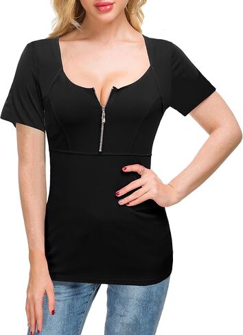 Afibi Womens Fitted Zip Up Deep V Neck Short Sleeve Empire Waist Tops Casual T Shirts Blouse in Kuwait