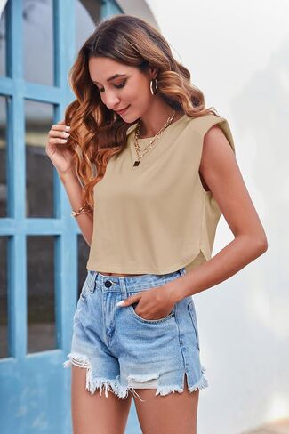 Tankaneo Women's Cap Sleeve Cropped Tank Tops Summer Side Slit Crop T-Shirts Casual Crew Neck Solid Short Basic Tees in Saudi Arabia