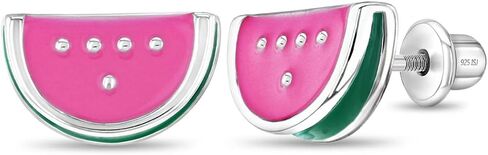 925 Sterling Silver Fuchsia Enamel Watermelon Fruit Girls Screw Back Earrings - Fruit Earrings for Toddlers, Young Girls and Pre Teens - Bright Colored Fruit Enamel Earrings in Saudi Arabia