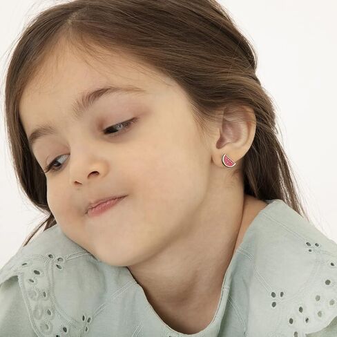 925 Sterling Silver Fuchsia Enamel Watermelon Fruit Girls Screw Back Earrings - Fruit Earrings for Toddlers, Young Girls and Pre Teens - Bright Colored Fruit Enamel Earrings in Saudi Arabia