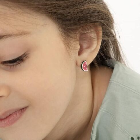 925 Sterling Silver Fuchsia Enamel Watermelon Fruit Girls Screw Back Earrings - Fruit Earrings for Toddlers, Young Girls and Pre Teens - Bright Colored Fruit Enamel Earrings in Saudi Arabia