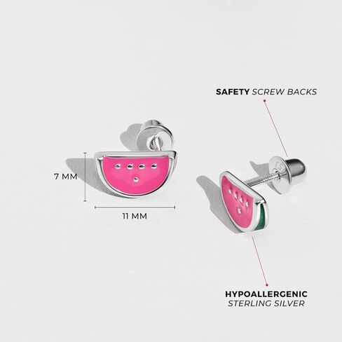 925 Sterling Silver Fuchsia Enamel Watermelon Fruit Girls Screw Back Earrings - Fruit Earrings for Toddlers, Young Girls and Pre Teens - Bright Colored Fruit Enamel Earrings in Saudi Arabia