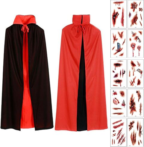 aiofaervy Halloween Vampire Cape 55 "Vampire عباءة للجنسين البالغين والأطفال أسود أحمر رأس ذو وجهين مع 10 قطع وشم ندبة الهالوين أزياء تنكرية للهالوين عيد الميلاد موضوع عباءة الحفلات in Kuwait