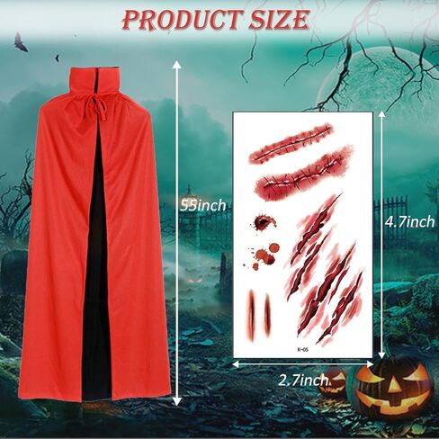 aiofaervy Halloween Vampire Cape 55 "Vampire عباءة للجنسين البالغين والأطفال أسود أحمر رأس ذو وجهين مع 10 قطع وشم ندبة الهالوين أزياء تنكرية للهالوين عيد الميلاد موضوع عباءة الحفلات in Kuwait