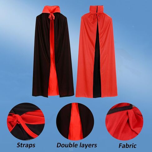 aiofaervy Halloween Vampire Cape 55 "Vampire عباءة للجنسين البالغين والأطفال أسود أحمر رأس ذو وجهين مع 10 قطع وشم ندبة الهالوين أزياء تنكرية للهالوين عيد الميلاد موضوع عباءة الحفلات in Kuwait