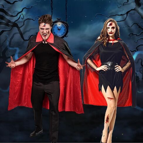 aiofaervy Halloween Vampire Cape 55 "Vampire عباءة للجنسين البالغين والأطفال أسود أحمر رأس ذو وجهين مع 10 قطع وشم ندبة الهالوين أزياء تنكرية للهالوين عيد الميلاد موضوع عباءة الحفلات in Kuwait