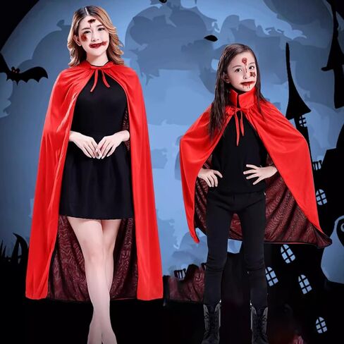 aiofaervy Halloween Vampire Cape 55 "Vampire عباءة للجنسين البالغين والأطفال أسود أحمر رأس ذو وجهين مع 10 قطع وشم ندبة الهالوين أزياء تنكرية للهالوين عيد الميلاد موضوع عباءة الحفلات in Kuwait