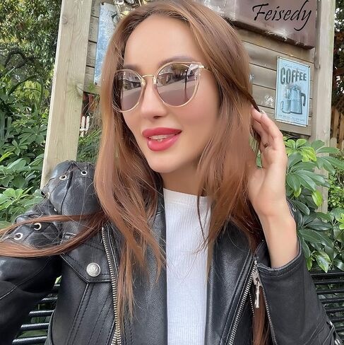 FEISEDY Vintage Polarized Cat Eye Sunglasses for Women Oversized Round Sunglasses Anti Glare B7000 in Saudi Arabia