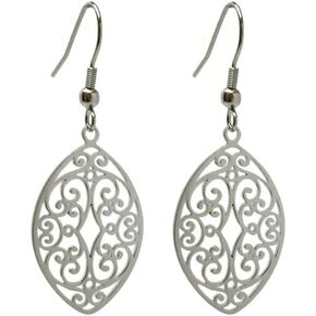 Stainless Steel Filigree Dangle Earrings Leaf Shape Feminine Scrollwork Swirl Cutout Non-Tarnish Silver Tone Drop Earrings for Women