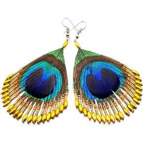 Hand Beaded 2.4 inch Iridescent Peacock Feather Golden Beads Dangle Drop Earrings Handmade Jewelry GA253-A