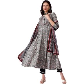 Rayon Anarkali Kurta Pant Set with Dupatta Embroidered Round Neck 3/4 Sleeves Indian Kurti Set for Girls Black