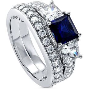BERRICLE Sterling Silver 3-Stone Wedding Engagement Rings Simulated Blue Sapphire Princess Cut Cubic Zirconia CZ Ring Set for Women, Rhodium Plated Size 4-10