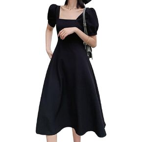 Women's Vintage Square Neck Ruffle Short Puff Sleeve Dress Knee Length A-Line Cottagecore Party Swing Maxi Dresses