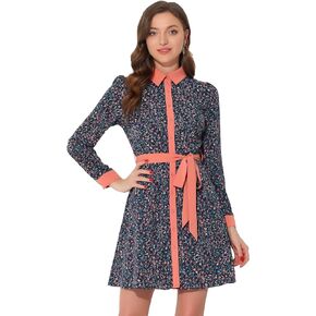 Allegra K Women's Contrast Collar Button Front Vintage Long Sleeve Floral Shirt Dress